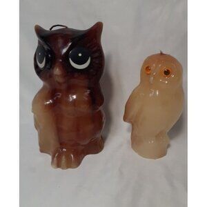 2 Vintage Owl Candle with Large Eyes 3" Brown & Beige Set Of 2, 6.5" T & 5"